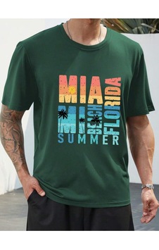 Unisex T-shirt - Miami Baskılı Oversize Bisiklet Yaka Kısa Kol Tişört Yeşil