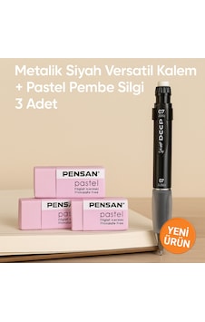 Metalik Siyah Versatil Kalem + Pastel Pembe Silgi 3 Adet Siyah