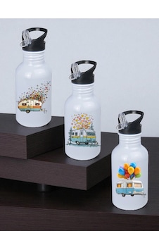 Karavanlar Baskılı Matara Suluk 3'lü - Su Matarası, Spor Matarası 600 Ml Beyaz