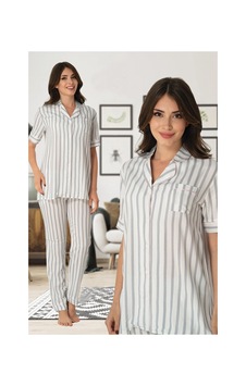 Effortt Kadın Gri Çizgili Önden Düğmeli Pijama 8065 Gri
