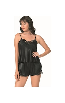 Veraura Lifestyle Kadın Şık Tasarım Yumuşak Dokulu Dantel İşlemeli Siyah Saten Babydoll Şort Takımı
