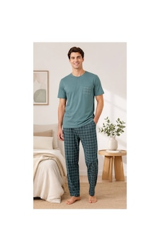 Pijamask Erkek Ekose Desenli Cepli Kısa Kollu Pijama Takımı Turkuaz