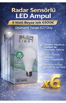 Radar Sensörlü Led Ampul 9 Watt Beyaz Işık 6500k Otomatik Yanan E27 Duy 6 Adet Standart Radar Sensörlü Led Ampul 9 Watt Beyaz Işık 6500k Otomatik Yanan E27 Duy 6 Adet Standart