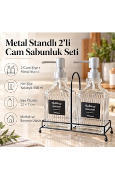 Metal Standlı 2'li Cam Sıvı Sabunluk Seti - 500 Ml Çok Renkli