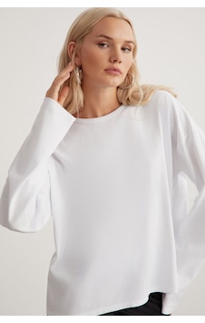 Grımelange Basıl Kadın %100 Pamuk Bisiklet Yaka Oversize Fit Uzun Kollu Beyaz T-shirt Grımelange Basıl Kadın %100 Pamuk Bisiklet Yaka Oversize Fit Uzun Kollu Beyaz T-shirt