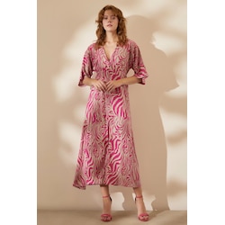 V Yaka Önü Yirtmaçli Viskon Elbise Pembe