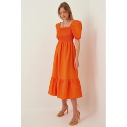 Kadin Turuncu Volanli Gögüs Gipeli Balon Kol Yazlik Bodrum Elbise