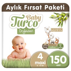 Baby Turco Dogadan Bebek Bezi 4 Numara Maxi Aylik Firsat Paketi 150 Adet