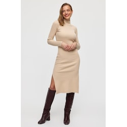 Muni Muni Yarim Bogazli Fitilli Kadin Elbise Bej - Muni Muni