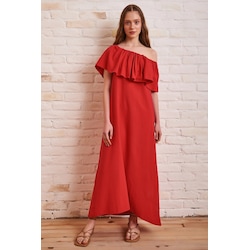 Açik Yaka Maxi Elbise Kirmizi