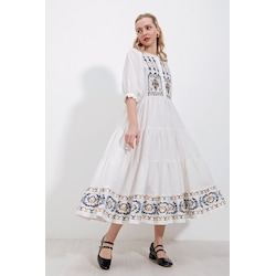 2480 Nakisli Keten Elbise - Krem 001