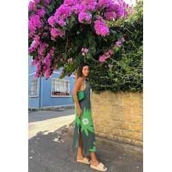 Askili V Yaka Yirtmaçli Çicek Desenli Yesil Elbise-Yesil