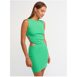 90409 Sirt Detayli Bisiklet Yaka Elbise-yesil