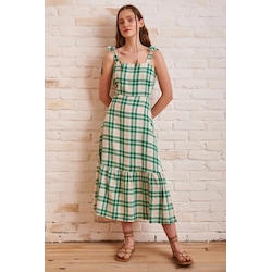 Askili Keten Elbise Yesil