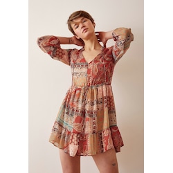 Biyeli V Yaka Desenli Mini Elbise Kahve