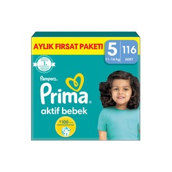 Prima Aktif Bebek 5 Beden Junior Bebek Bezi Aylik Firsat Paketi 116 Adet