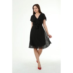 Neseli Butik Kadin Kruvaze Yaka Baglama Detayli Sifon Elbise Siyah
