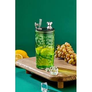 Ny Home Ayıcık Figürlü Cam Pipetli Meşrubat Bardağı Yeşil 420 Ml Yeşil