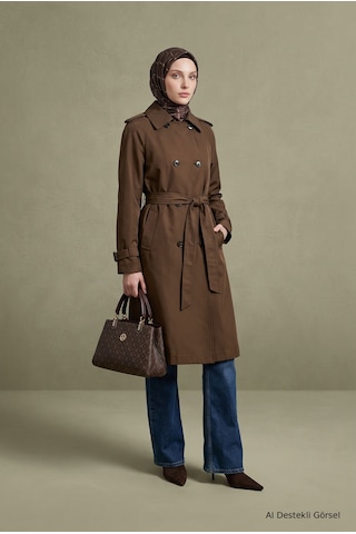 Armine Trend Klasik Yaka Belden Kuşaklı Çift Cepli 101 Cm Boy Trenckot Latte 26kt728 Açık Kahverengi