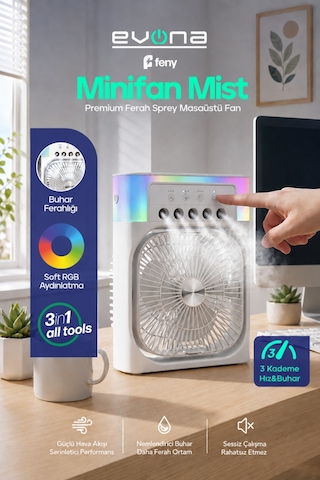 3in1 Masaüstü Fan 3 Kademeli Ferah Nemlendirici Buharlı Rgb Aydınlatmalı Vantilatör