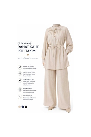 Miss Meliss Yazlık Çilek Kumaş Düğme Detaylı Beli Bağlamalı İkili Tunik - Pantolon Takım Krem Krem