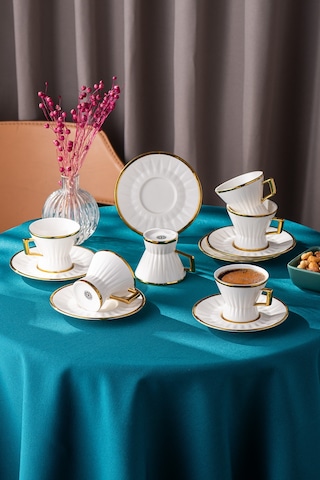 İstanbul Porselen Aşiyan 6 Kişilik Kahve Fincan Takımı Beyaz