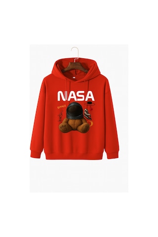 Kokina 3 İplik Penye Unisex Nasa Ayıcık Baskılı Kapüşonlu Sweatshirt Kırmızı
