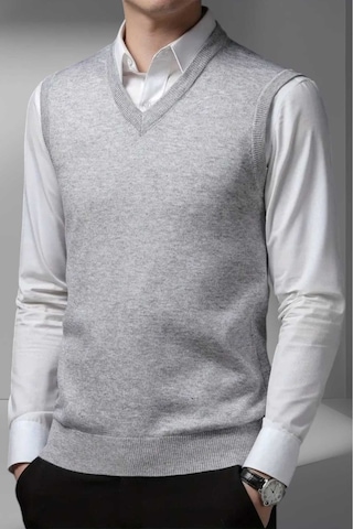 Tezzgelsin Erkek V Yaka Triko Tüylenmez Süveter Erkek Slim Fit Süveter Gri