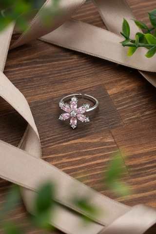 925 Ayar Pembe Taşlı Rodyum Lotus Çiçeği Ayarlanabilir Gümüş Yüzük Rr10025 Gümüş