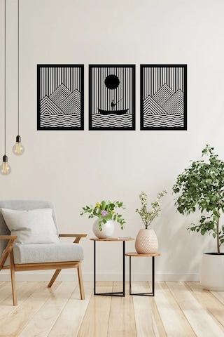 3'lü Balıkçı Ve Dağ Temalı Ahşap Duvar Tablosu - Mdf, 25x35 Cm Toplam 35x90 Cm