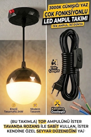 24w Günışığı-3000k Çok Fonksiyonlu Led Top Ampul Takımı ,hem Tavan Askılı Hem Seyyar Fişli Kablolu Set,fişli Taşınabilir Gece Lambası