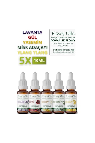 Flowy Oils 5'li Lavanta + Gül + Yasemin + Misk Adaçayı + Ylang Ylang Yağı Uçucu