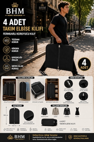 4'lü Takım Elbise Kılıfı 60x100 Cm Çift Fermuarlı Gamboç Elbise Kılıfı Kıyafet Koruyucu Toz Geçirmez Dolap Düzenleyici Siyah