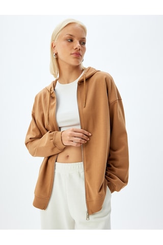 Koton Fermuarlı Kapşonlu Sweatshirt Uzun Kollu Üç İplik Pamuklu Deve Tüyü 5wak10225ek Taba