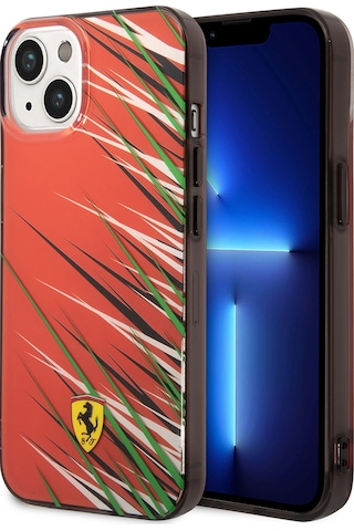 İphone Uyumlu 14 Kılıf Ferrari Lisanslı Baskı Logolu Çimen Desenli Kapak Kırmızı