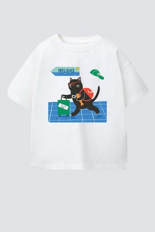 Monila Unisex Çocuk Pamuklu Kedi Baskılı T-shirt Ekru