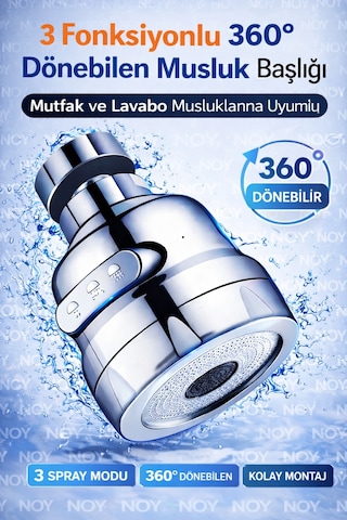 Mutfakta Sıçramayı Önleyen 360 Döner Musluk Başlığı 3 Fonksiyonlu Sprey Uç Krom