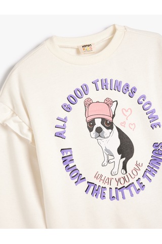 Koton Fırfırlı Sweatshirt Köpek Baskılı Uzun Kollu Pamuklu Ekru 5wkg10255ak Ekru