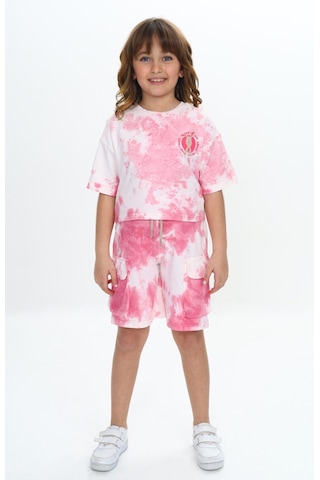 Toontoy Kız Çocuk Batikli Tavşan Baskılı Şortlu Takım Gülkurusu