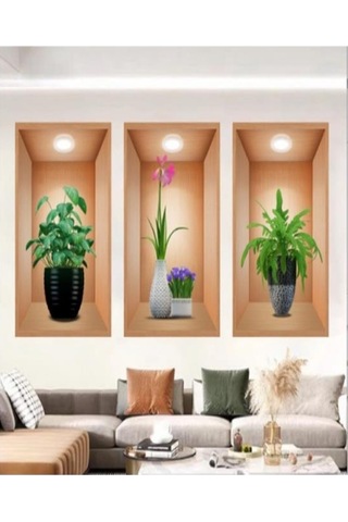Stıcker 3d Duvar Stıckerı Ev Balkon Üç Boyutlu Üçlü Set Yapışkan Çiçek Vazo Tablo Görünümlü Yapışkanlı Etiket Kahverengi