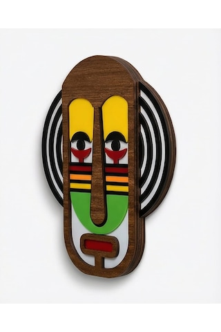 El Yapımı Renkli Soyut Yüz Maske - Ahşap Duvar Dekoru, Sarı Gözlü Modern Tribal Sanat Paneli Mdf 1