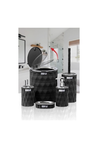 Okyanus Home Diamond Siyah Kromlu Click Kapak Banyo Seti 5'li Siyah