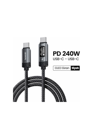 Toocki 240W PD 3.1 OLED Ekranlı Type-C to Type-C Hızlı Şarj Kablosu E-Marker Çipli - 2 Metre