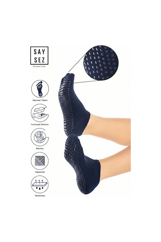 Saysez Bambu Kadın Kaydırmaz Lacivert Taban Silikon Baskı Pilates Yoga Fitness Dans Aktivite Patik Çorabı Lacivert