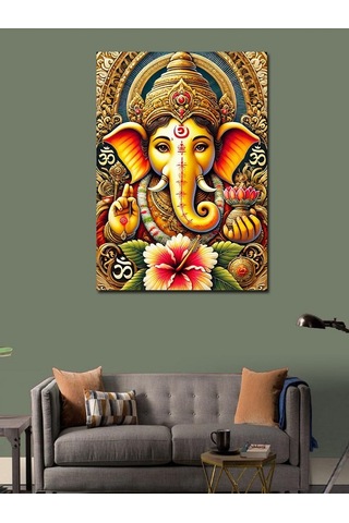 Kanvas Tablo Tanrı Ganesha Ve Lotus Çiçeği 100cmx140cm