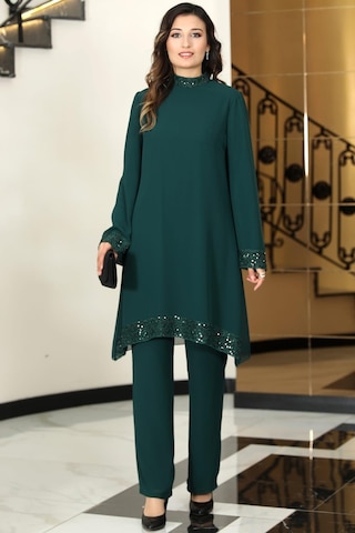 Umay Şifon Tunik Pantolon İkili Tesettür Takım Zümrüt Zümrüt