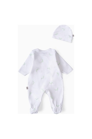 Boumini Bebek Patikli Tulum Şapka Set Beyaz Desenli Yeşil Tik Yeşil