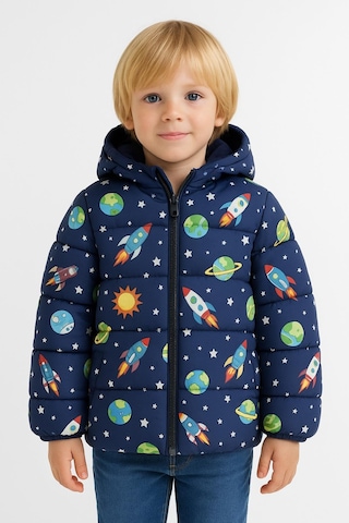 Erkek Çocuk Polarlı Kapüşonlu Ufo Desenli Kışlık Şişme Mont & Kaban & Parka Siyah