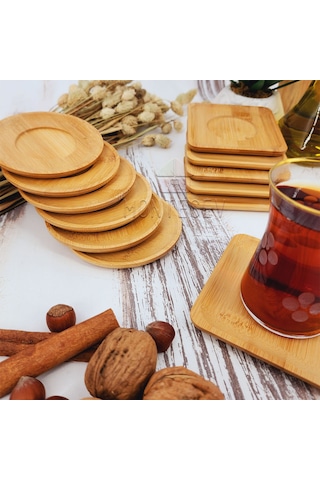 Ahşap Çay Tabağı 12li Set Bardak Fincan Altlığı Yuvarlak Kare Ahşap