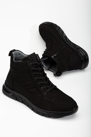 Hakiki Deri Nubuk Erkek Bot Siyah Elastik Bağcıklı Yan Baskılı-3474 Siyah